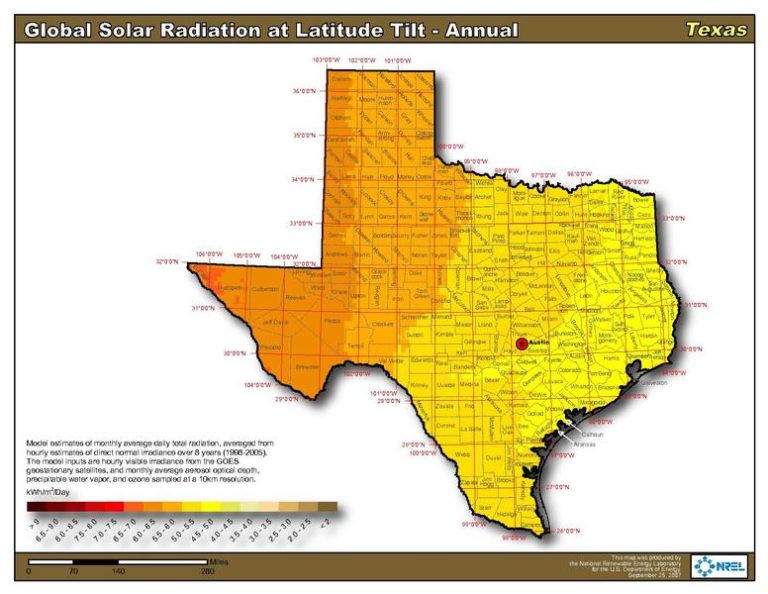 Solar map of Texas showing the amount of sunshine across the state.